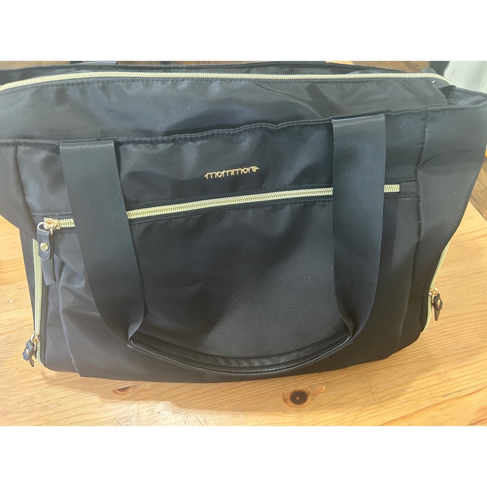 Mommore Breast Pump Diaper Bag Laptop Tote EUC! Modern Black Nylon 12 Pockets